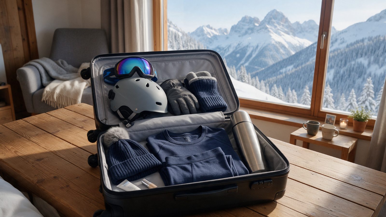 Ski holiday suitcase: goggles, helmet, gloves and warm layers